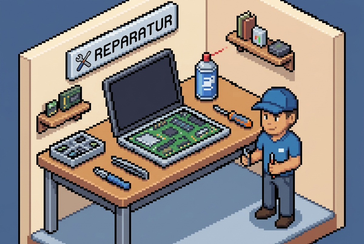 Reparaturplatz mit geöffnetem Notebook